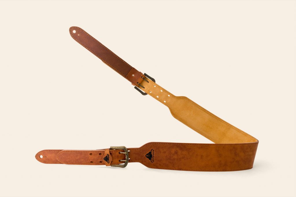Hunters Tor guitar strap in Tan leather with Ochre suede and Antique Brass buckles