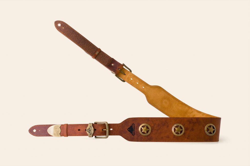 Bell Tor guitar strap in Tan leather with Ochre suede and Antique brass metalware