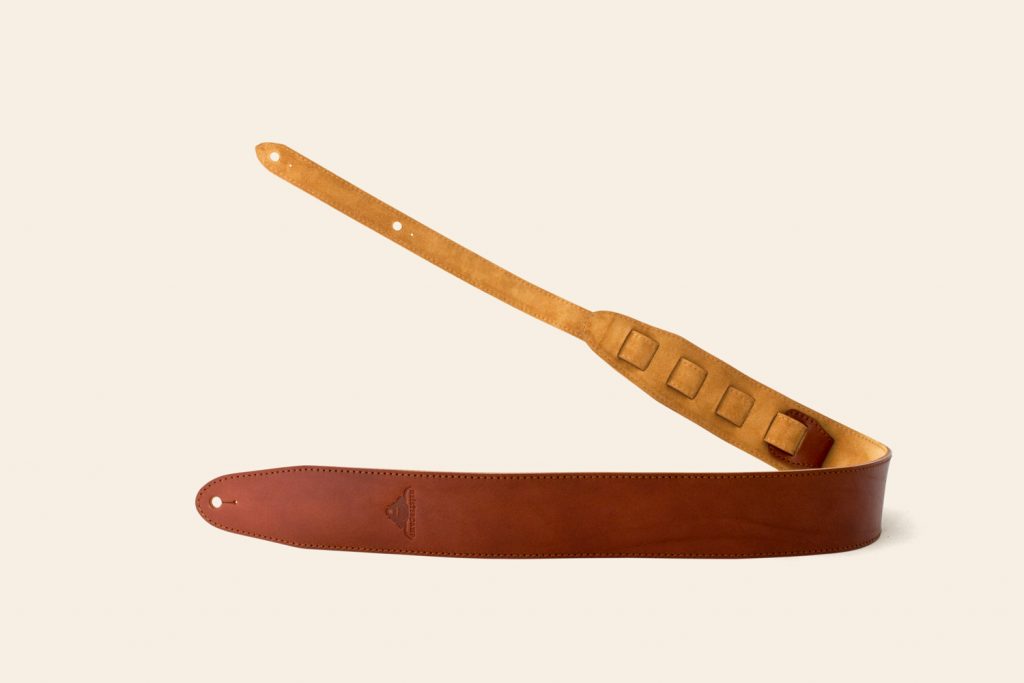 Tan Leedon Tor guitar strap in Super Soft leather with Ochre suede lining