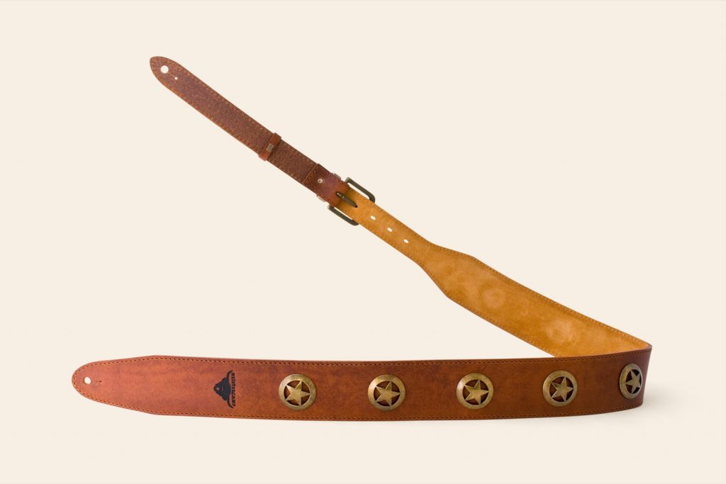 Oke Tor guitar strap in Tan leather with Ochre suede and Antique Brass metal ware