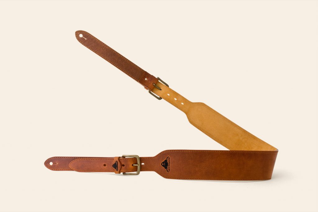 Bray Tor guitar strap in Tan leather with Ochre suede and Antique Brass buckles