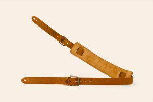 Raven Tor Guitar Strap in Tan leather with Ochre suede and Antique Brass buckles