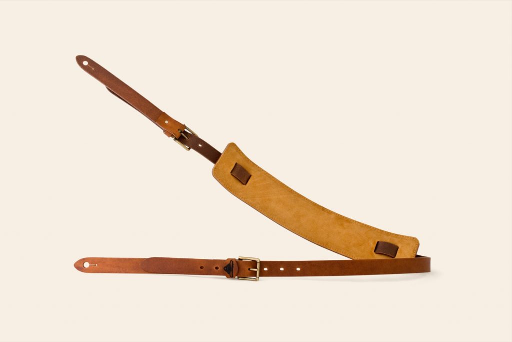 Top Tor guitar strap in Tan leather with Ochre suede and Antique buckles