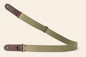 Khaki webbing guitar strap with Brown Pull Up ends