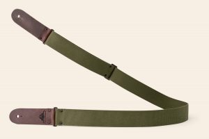 Olive webbing guitar strap with Brown Pull-up ends