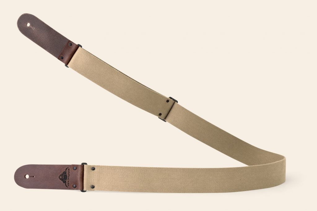 Sand webbing guitar strap with Brown Pull Up ends