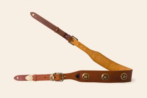 Devils Tor guitar strap in Tan leather with ochre suede and Antique brass metalware