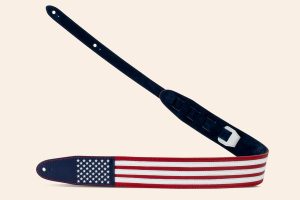 View of the red, white and blue Stars and stripes guitar strap