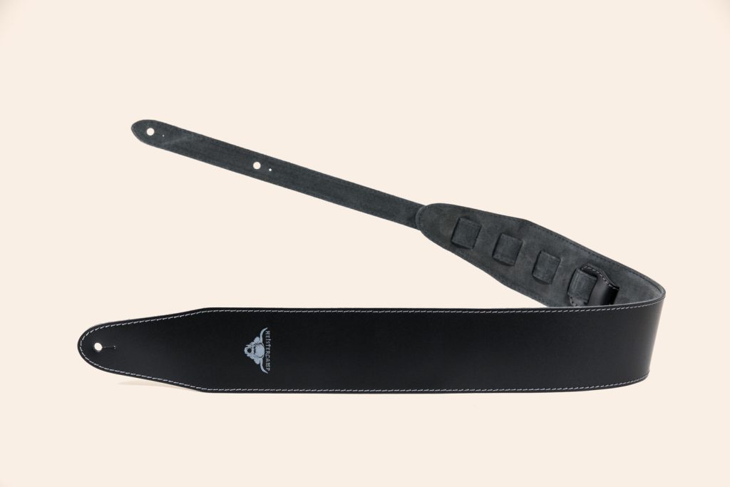 Leedon Tor guitar strap in black leather and grey suede
