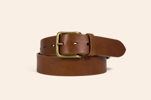 Rugged work belt in tan with antique brass buckle