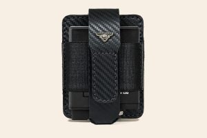 Front view of the black carbon leather transmitter pouch