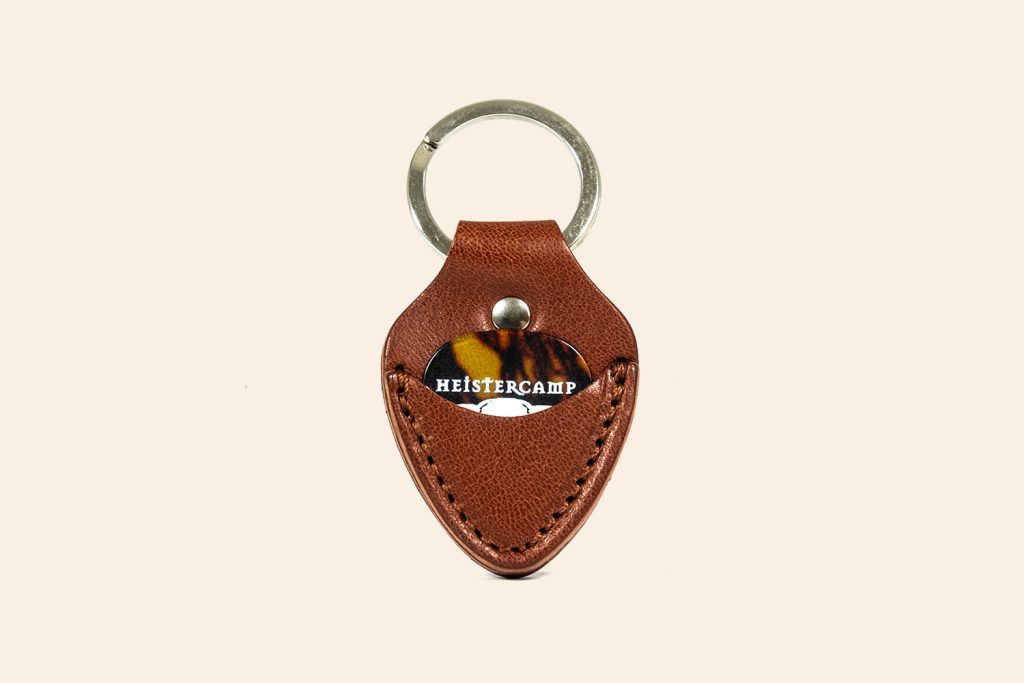 Heistercamp leather key fob with a plectrum pocket stitched to the front. Made from our Tan super soft leather.