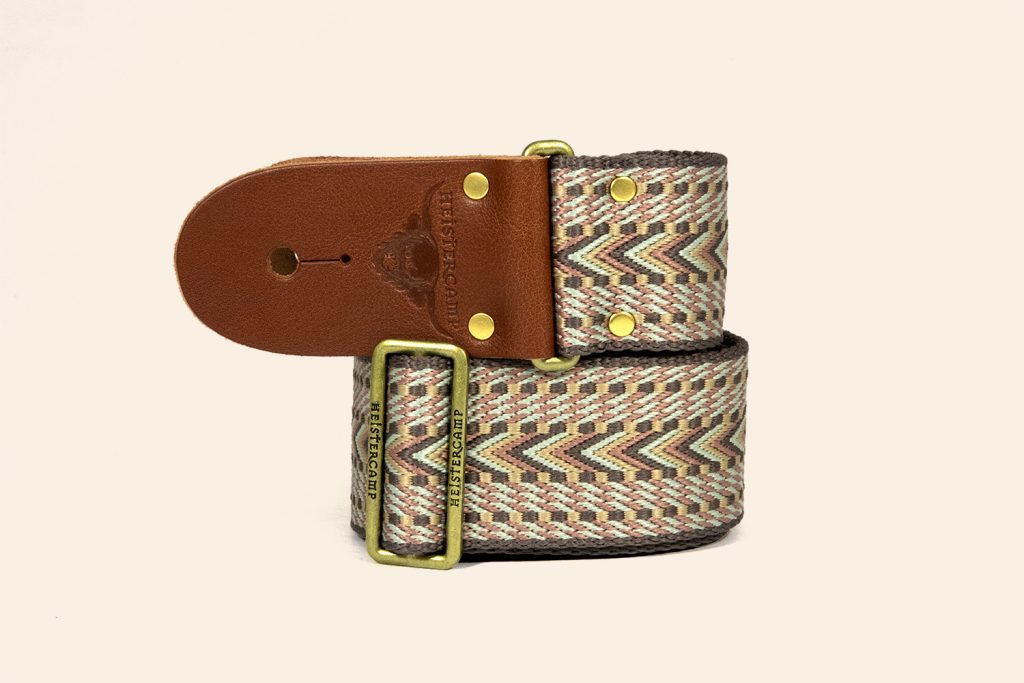 Adagio Webbing strap with dark tan leather ends and a brass finish slider buckle
