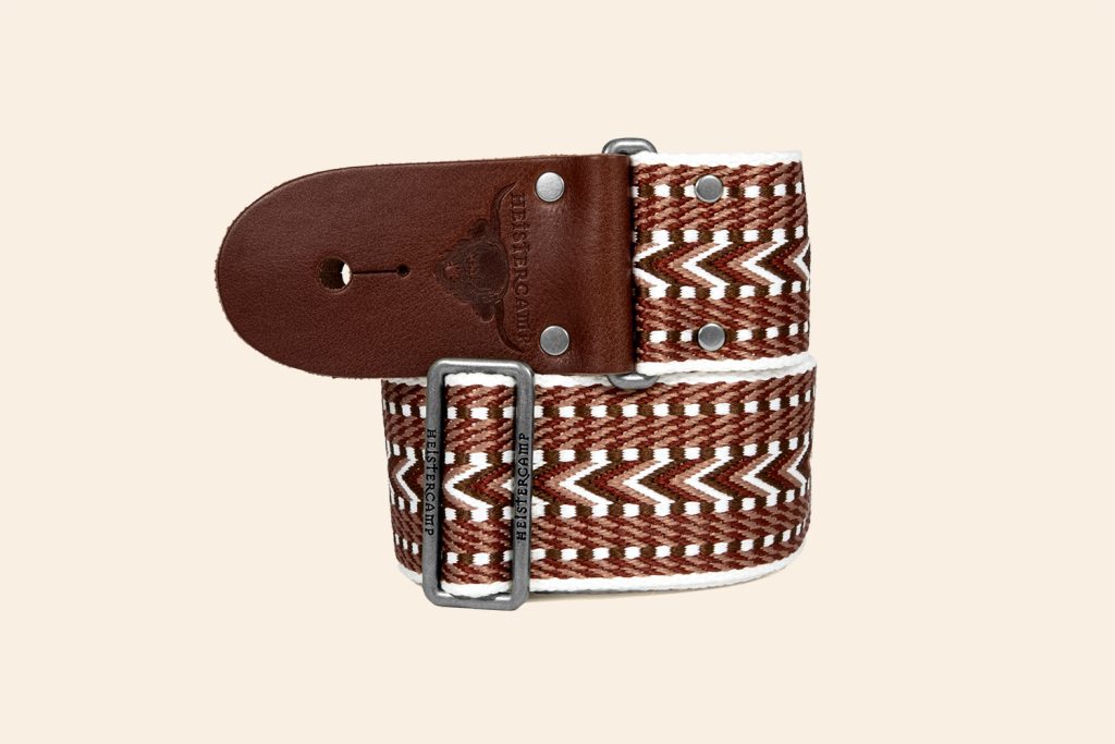 Allegro webbing guitar strap with chestnut leather super soft ends and antique silver finish slider buckle