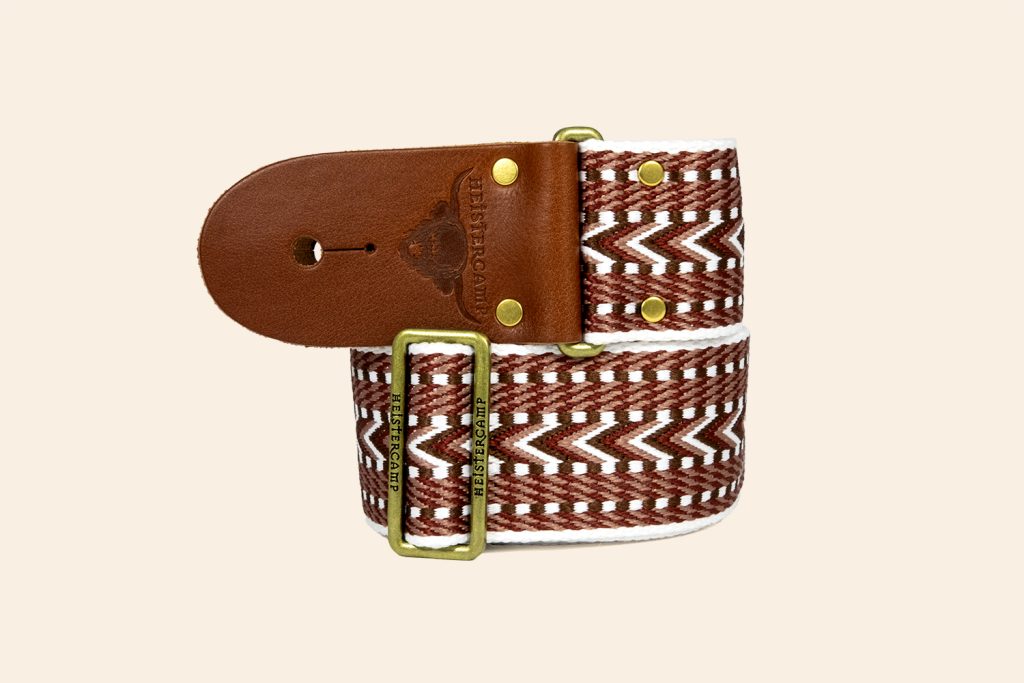 Allegro webbing strap with dark tan leather ends and a brass finish slider buckle