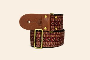 Areggio Webbing strap with dark tan leather ends and a brass finish slider buckle
