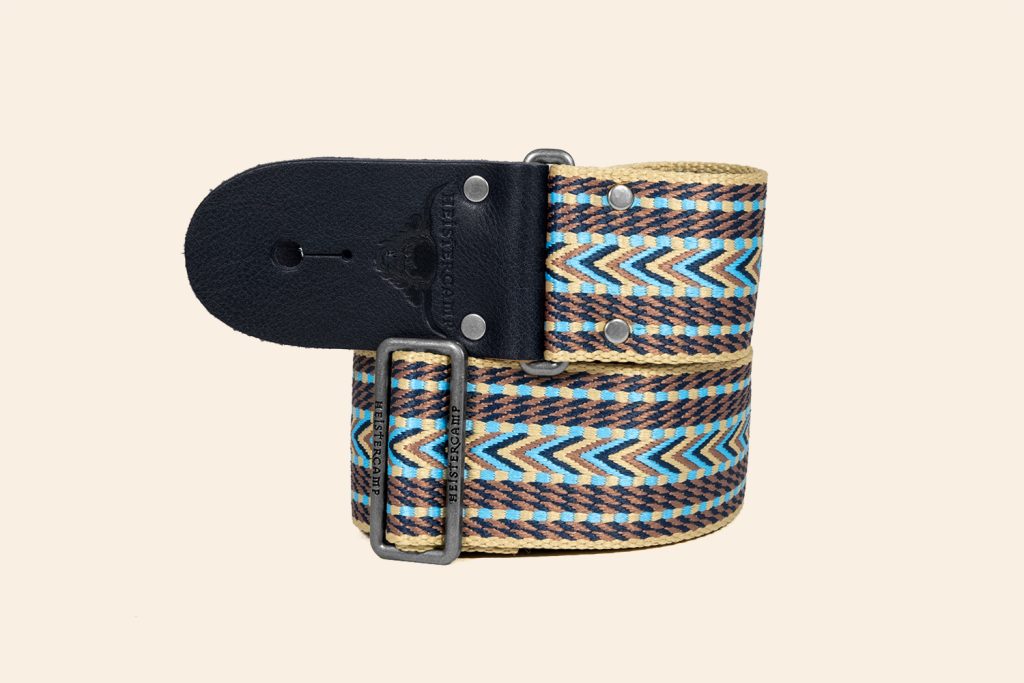 Crescendo webbing guitar strap with navy leather super soft ends and antique silver finish slider buckle