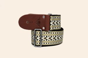 Legato webbing guitar strap with dark brown leather super soft ends and brass finish slider buckle