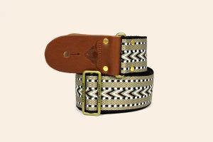 Legato Webbing strap with dark tan leather ends and a brass finish slider buckle